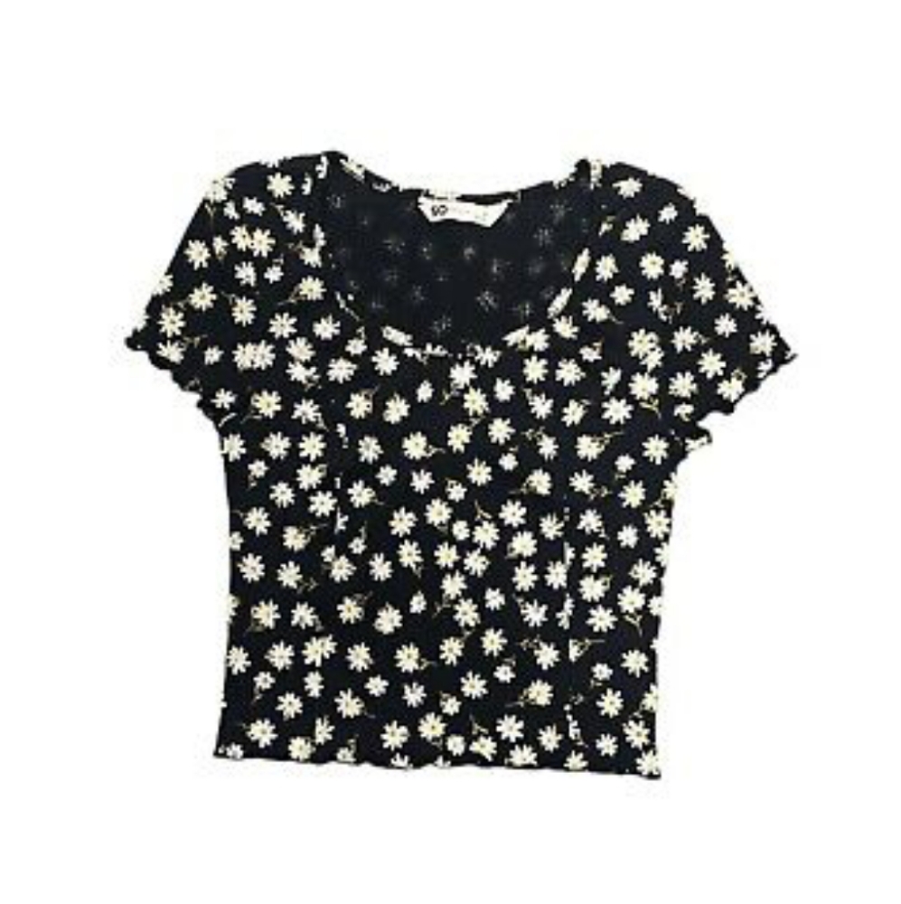 SO Black and White Ruched Short Sleeve Floral Crop Top
